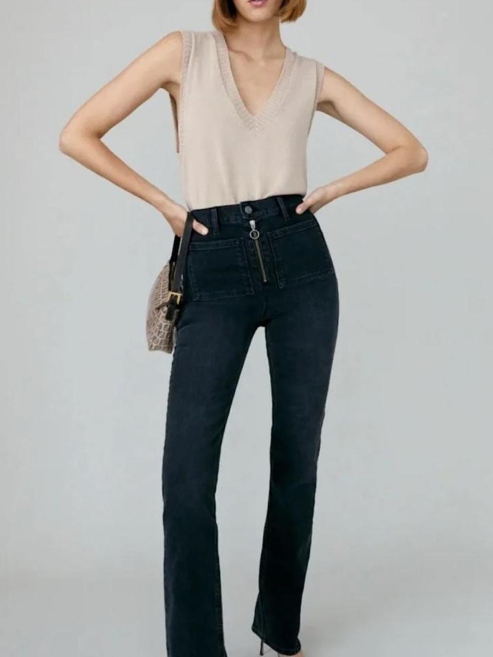 Reformation Black High-Rise Flare Jeans with Front Zip
